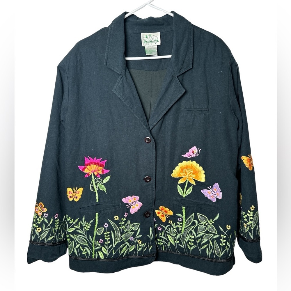 The Quaker Factory Embroidered Floral Print w/ Butterflies Jacket Size 1X Black